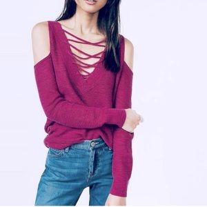 Express hot pink magenta cold shoulder knit sweater faux lace up deep v small
